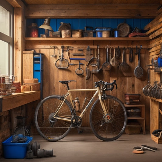 An organized garage with three DIY shelves made of wooden planks and metal brackets, holding various tools, storage bins, and a bicycle, with a workbench in the background.