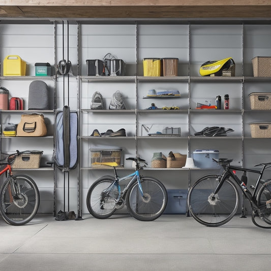A well-organized garage with sleek, silver shelving units and labeled bins, holding neatly arranged outdoor gear like bicycles, kayaks, and camping equipment, surrounded by a clean, gray concrete floor.