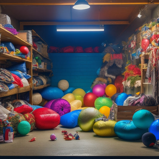 A cluttered storage attic or garage with seasonal decorations, such as deflated inflatables, tangled lights, and broken ornaments, overflowing from stacked plastic bins and dusty shelves.
