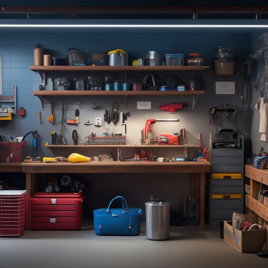 A clutter-free garage with organized toolboxes, labeled bins, and a pegboard, illuminated by a single overhead LED light, with a few scattered sparks and a subtle hint of a calendar on the wall.