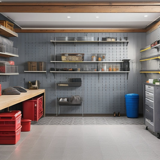 A well-organized garage with a slatwall featuring hooks, bins, and a pegboard, alongside a row of floor-to-ceiling cabinets, modular shelving units, and a sleek epoxy-coated floor.