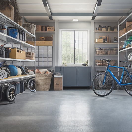 A well-lit, clutter-free garage with sleek, silver shelving units, holding bins, tools, and bikes, surrounded by a polished concrete floor and a few scattered sports equipment, with a sense of calm organization.
