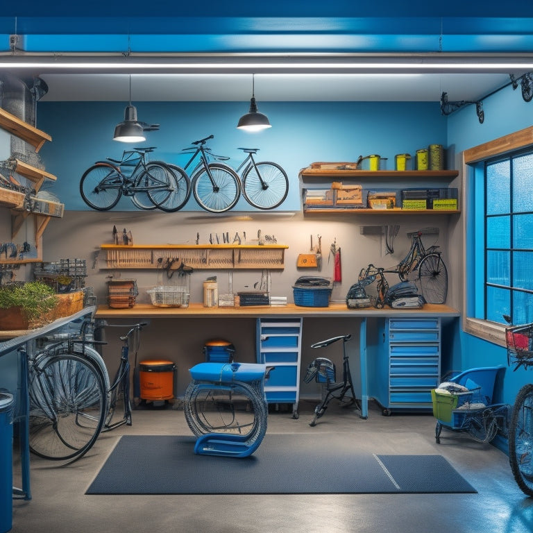 A well-organized garage with a sleek workbench, pegboard with neatly hung tools, and a few bicycles suspended from the ceiling, surrounded by warm lighting and a polished concrete floor.