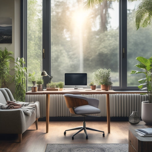 A serene home office with a comfortable chair, a laptop on a wooden desk, and a few scattered papers, surrounded by lush green plants and a subtle cityscape view through the window.