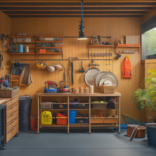 A well-organized garage with a slatted wall system, bins, and baskets, featuring a pegboard with hanging tools, a ladder, and a sleek workbench, illuminated by natural light streaming through a window.