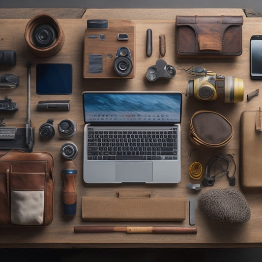 A clutter-free, portable workstation with a reclaimed wood top, surrounded by neatly organized pockets and compartments, holding various tools and gadgets, set against a clean, light-gray background.