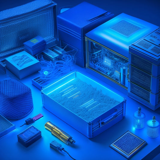 An open treasure chest overflowing with assorted product boxes, instruction manuals, and USB drives, surrounded by glowing blue lines and circuits, against a dark blue background with a subtle grid pattern.
