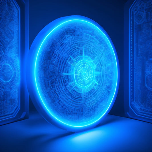 A shield with a glowing blue outline, surrounded by a circle of interconnected gears, with a faint image of a computer screen in the background, displaying a command-line interface.