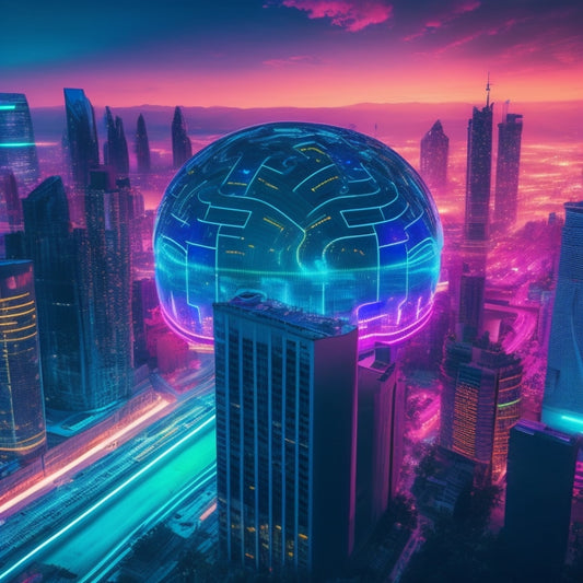 A futuristic, neon-lit cityscape at dusk, with sleek skyscrapers and holographic interfaces, featuring a large, glowing brain at the center, surrounded by orbiting robots, gears, and circuit boards.