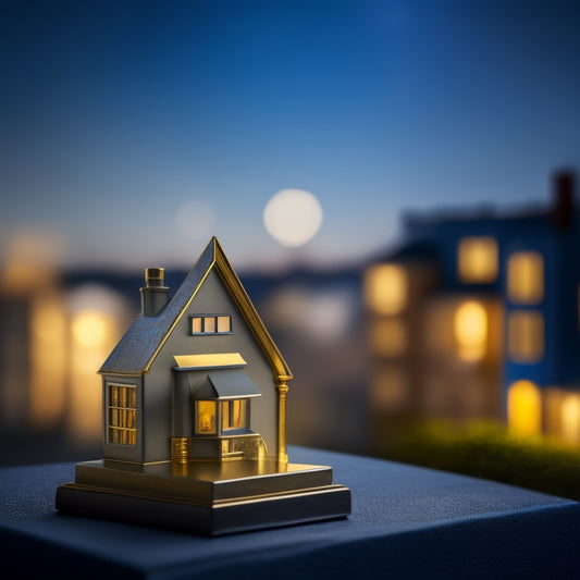 A golden trophy or plaque with a miniature house or building on top, surrounded by five-star reviews or ratings on a dark blue or black background, with a subtle cityscape or neighborhood outline.