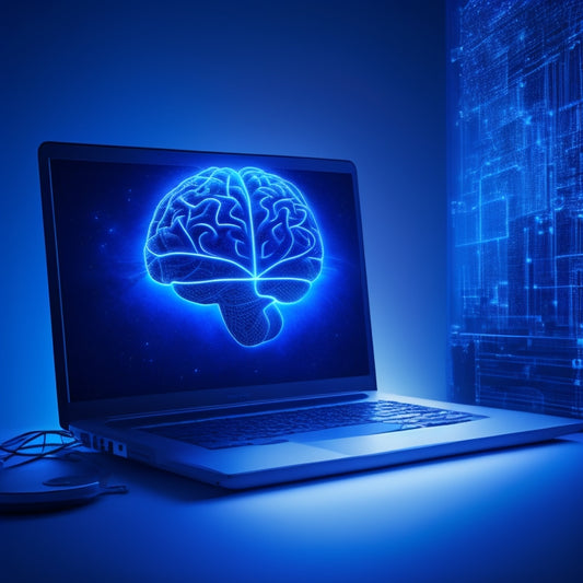 A futuristic, minimalist illustration depicting a seamless fusion of a brain, a laptop, and a globe, with glowing blue circuits and wires connecting them, set against a dark blue background with subtle, shimmering starlight.