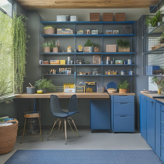 A well-organized garage converted into a home office with a sleek, gray desk, a pegboard with colorful bins and tools, and a floor-to-ceiling shelving unit with labeled baskets and decorative plants.