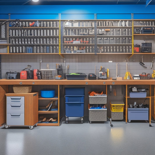 A well-lit, clutter-free garage with a pegboard displaying organized tools, a stainless steel workbench with built-in storage, and labeled bins stacked on a slatwall, surrounded by a sleek epoxy-coated floor.