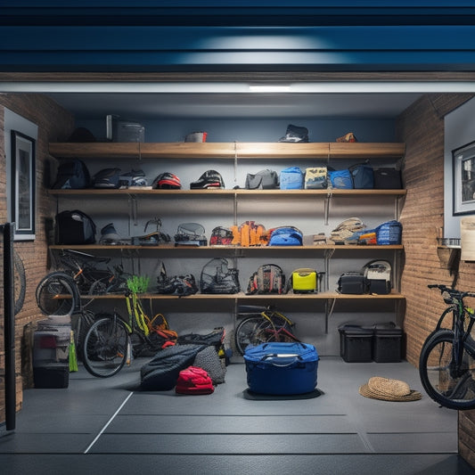 A clutter-free garage with a sleek, black, floor-to-ceiling storage system, showcasing organized rows of outdoor gear, including bikes, kayaks, and camping equipment, illuminated by a single, overhead LED light.
