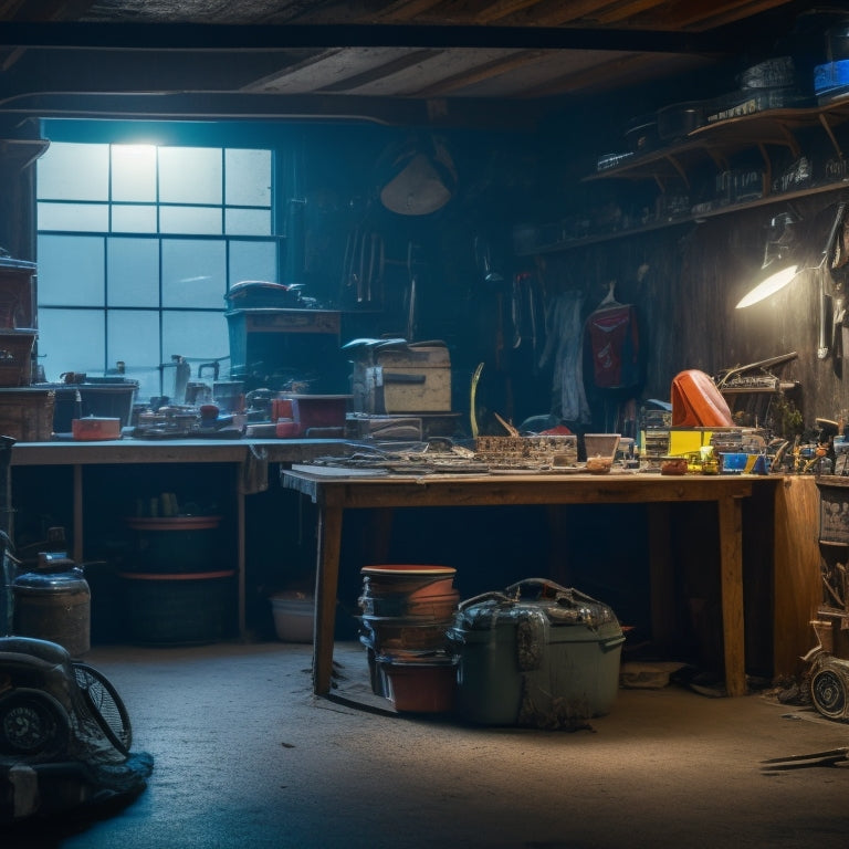 A dimly lit garage with scattered tools, dusty shelves, and a workbench cluttered with half-finished projects, surrounded by cobwebs, with a faint outline of a forgotten car in the background.