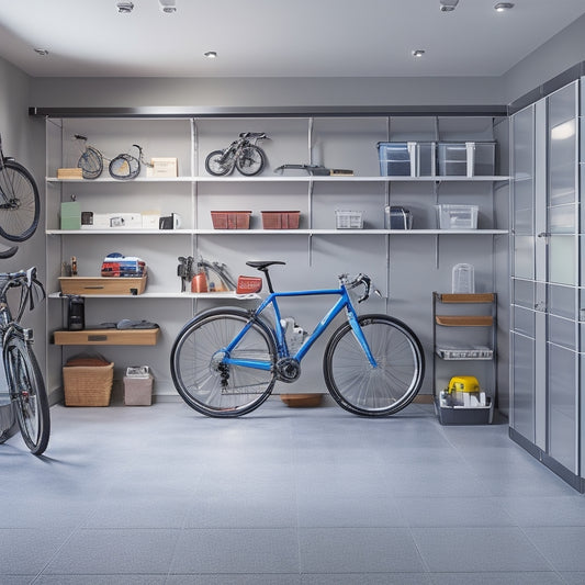 A tidy, well-lit garage with sleek, wall-mounted shelves and cabinets in a modern gray and white color scheme, showcasing a organized array of bicycles, tools, and storage bins.