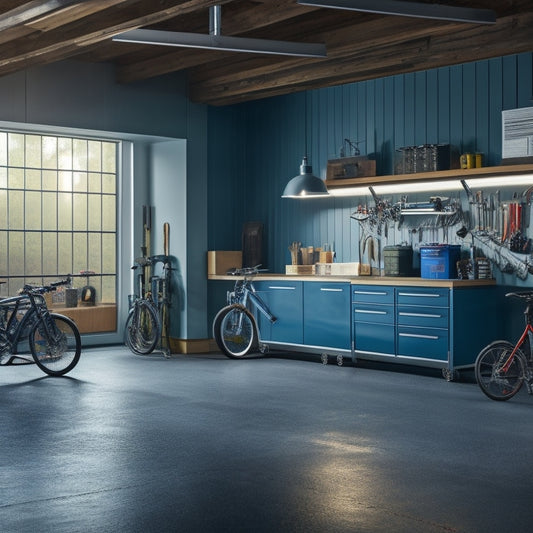 A well-lit, modern garage with sleek metallic cabinets, a slatwall with neatly hung bicycles and tools, and a epoxy-coated floor reflecting a tidy workbench with a vintage car in the background.