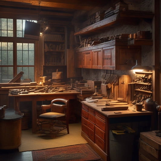 A warm, dimly lit woodworking workshop with rows of wooden workbenches, scattered hand tools, and a floor-to-ceiling bookshelf filled with vintage woodworking books and magazines.