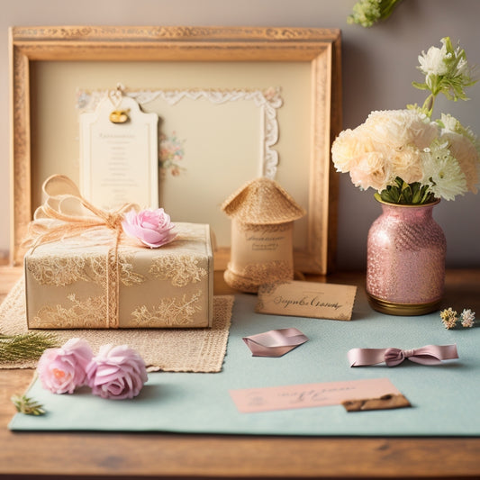 A delicate, vintage-inspired wooden desk holds a variety of intricately designed printable labels and tags in pastel hues, surrounded by lace, ribbons, and a few scattered flowers.