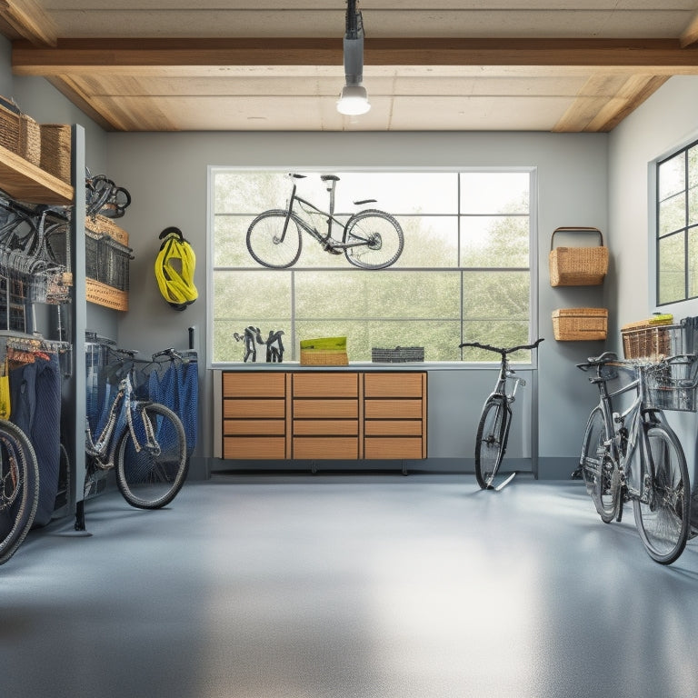A well-organized small garage with a sleek, gray epoxy-coated floor, lined with modular storage units, and a few bikes suspended from the ceiling, surrounded by natural light pouring in through a large window.