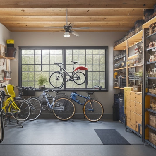 A well-organized garage with sleek, floor-to-ceiling storage units, bicycles suspended from the ceiling, and a workstation with a built-in pegboard and tool holders, surrounded by natural light.