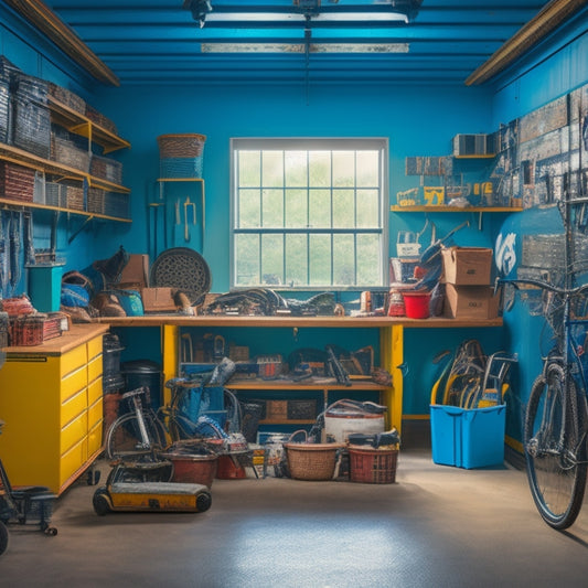 A cluttered garage interior with scattered tools, bikes, and boxes, contrasted with a clean and organized section featuring custom storage systems, including cabinets, shelves, and slatwall panels.