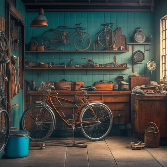 A serene, well-organized garage with a few nostalgic items, such as vintage bicycles, antique tools, and a classic car, with warm lighting and a subtle sense of nostalgia.