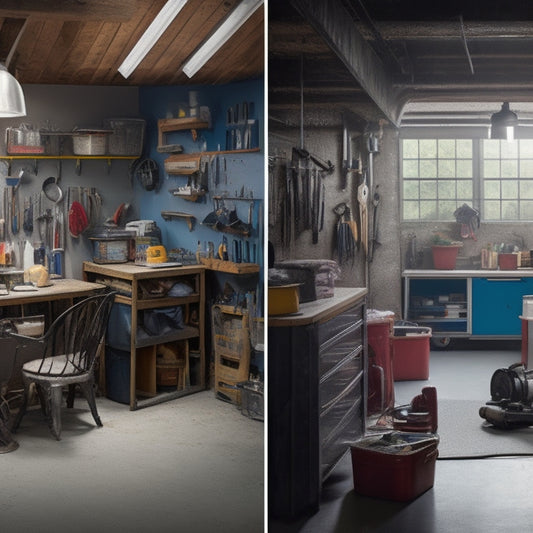 A before-and-after split-screen image: a cluttered garage with tools scattered on the floor, surrounded by cobwebs, versus a tidy space with labeled bins, a pegboard, and a sleek workbench.