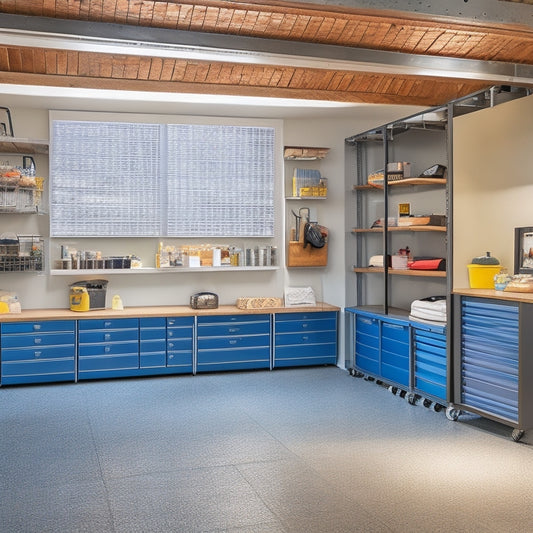 A clutter-free garage with sleek metal cabinets, labeled bins, and a pegboard with neatly hung tools, surrounded by a polished concrete floor and soft, natural light pouring in through a large window.