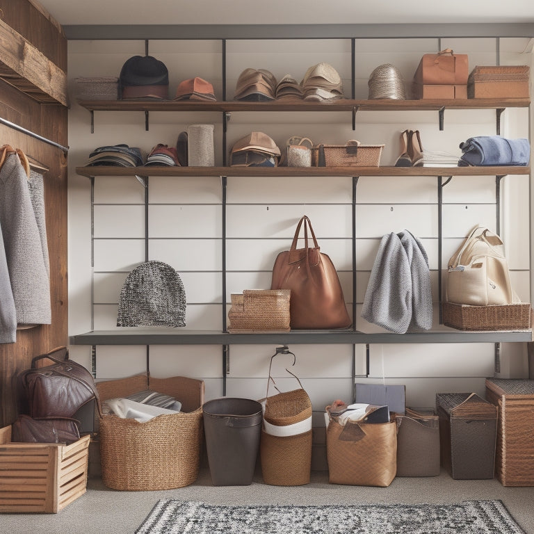 A clutter-free garage with neatly organized storage bins, hanging organizers, and shelves, showcasing winter clothing, summer hats, and seasonal accessories, illuminated by natural light pouring through a window.