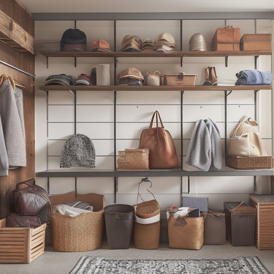 A clutter-free garage with neatly organized storage bins, hanging organizers, and shelves, showcasing winter clothing, summer hats, and seasonal accessories, illuminated by natural light pouring through a window.