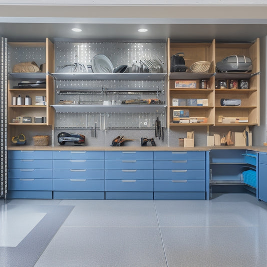 A sleek, modern garage with polished concrete floors, featuring a wall-mounted pegboard with neatly arranged tools, a slatwall with baskets and bins, and a custom cabinetry system with sliding drawers.