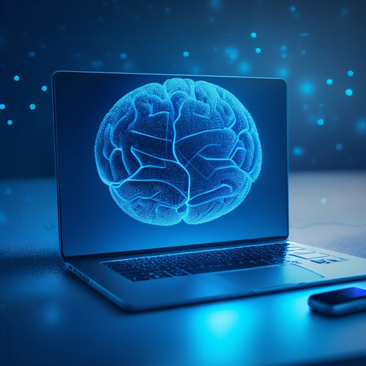 A futuristic, minimalist illustration depicting a stylized brain surrounded by glowing digital orbs, connected via swirling lines to a laptop, tablet, and smartphone, set against a dark blue background with subtle circuitry patterns.
