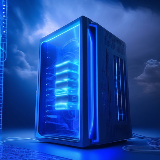 A futuristic, sleek computer tower with glowing blue circuits and wires, surrounded by swirling clouds of ones and zeros, with a few 3D models of hard drives and SSDs orbiting around it.