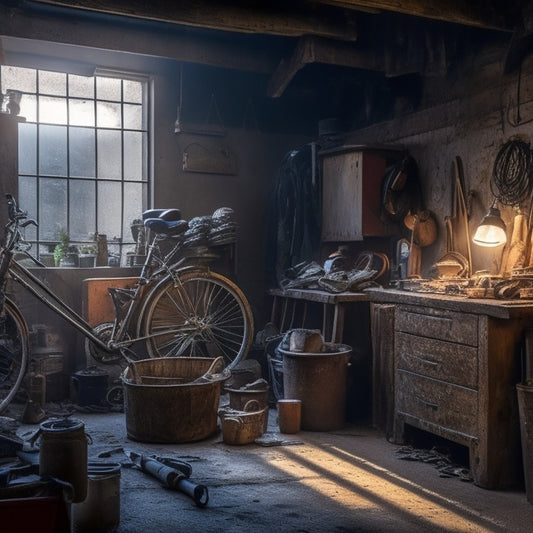 A cluttered garage interior with a dimly lit atmosphere, cluttered with old tools, rusted bicycles, stacked boxes, and tangled cords, with a few rays of sunlight peeking through the grimy windows.