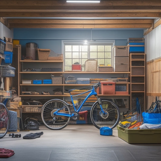 A cluttered garage with stacked boxes, bicycles, and outdoor gear, contrasted with a tidy, organized storage unit featuring labeled bins, a shelved kayak, and a neatly hung bike.
