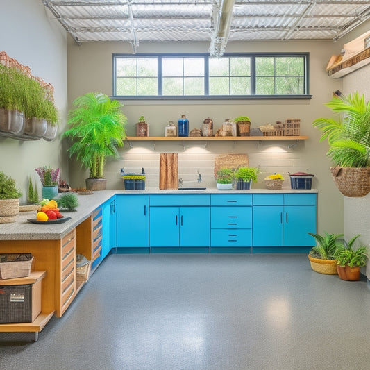 A bright and organized garage interior in Jacksonville with a sleek epoxy-coated floor, custom cabinetry, and a slatwall with hooks and bins, surrounded by natural light and a few strategically placed tropical plants.