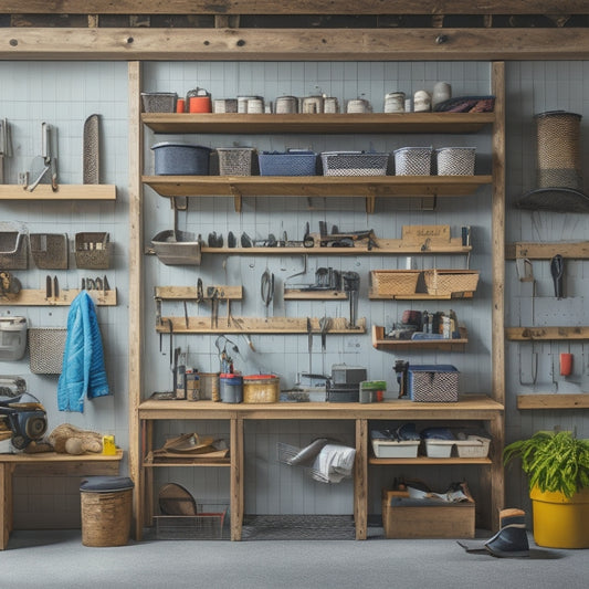 A clutter-free garage with a pegboard on the back wall, holding various tools and accessories, and a DIY shelving unit made of reclaimed wood, storing labeled bins and baskets.