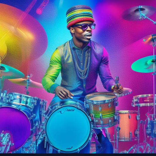 A vibrant, colorful illustration of a drummer in the center, surrounded by various drum sets, music notes, and sound waves, with a subtle 2BOX logo in the background.