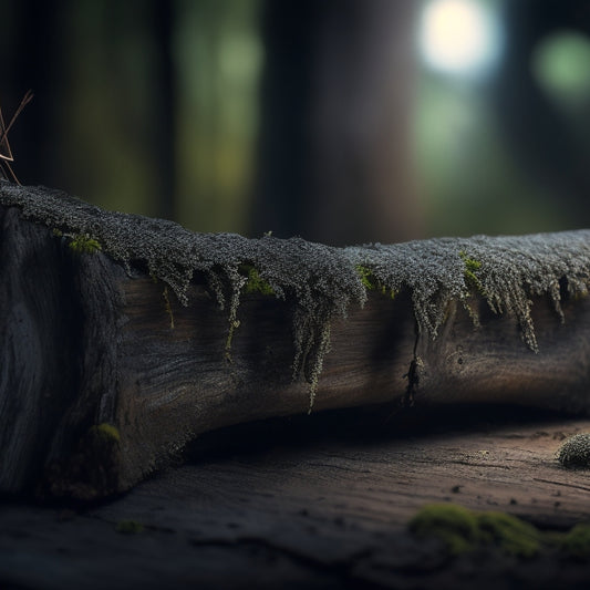 An eerie, dimly lit wooden beam with cracks, splits, and holes, overrun by swarming, dark-colored insects, their tiny bodies and antennae visible, amidst a backdrop of decaying, moss-covered wood fragments.