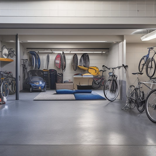 A clutter-free garage with bikes, surfboards, and golf clubs organized on wall-mounted racks, bins, and shelves, with a sleek sports car parked in the center, surrounded by a polished concrete floor.