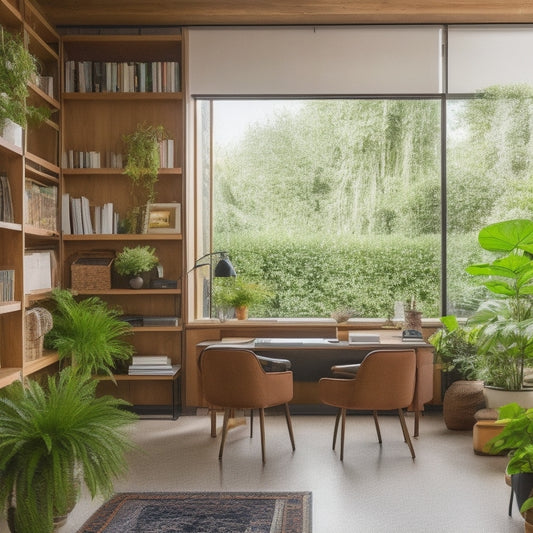 A clutter-free garage converted into a modern home office with a large wooden desk, ergonomic chair, and floor-to-ceiling shelves filled with books and plants, surrounded by natural light.
