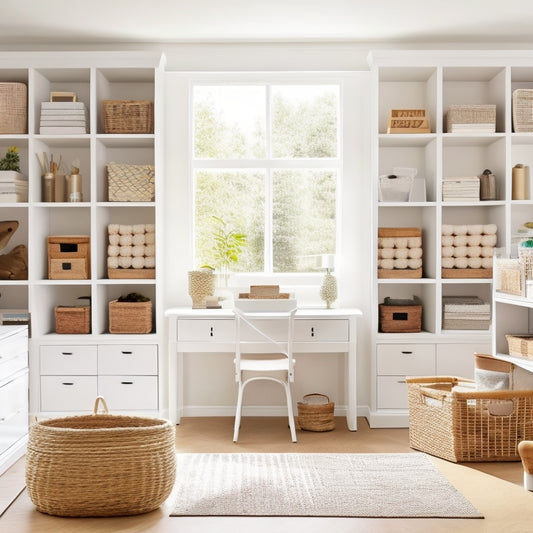 A bright, airy room with sleek white shelves, woven baskets, and clear storage bins, featuring a neatly organized desk, a minimalist closet, and a floor-to-ceiling bookcase with labeled dividers.