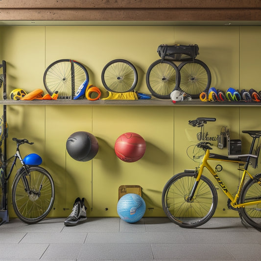 A clutter-free garage with sleek, wall-mounted storage racks holding various sports equipment, such as bicycles, helmets, and balls, in a well-organized and visually appealing manner.