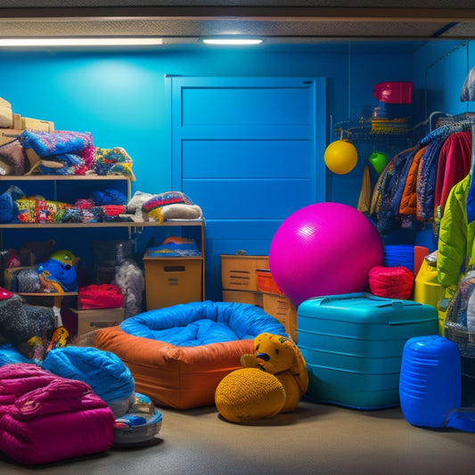A cluttered garage with seasonal items like inflatables, winter coats, and summer toys scattered around, with a few clear storage bins and shelves in the background, dimly lit with a single overhead light.