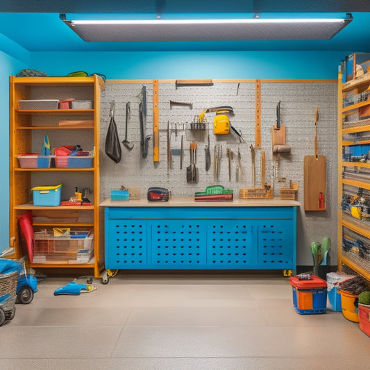 A clutter-free garage with a slatwall featuring hooks, bins, and baskets, a workbench with a vice, a pegboard with tools, and a sleek epoxy floor reflecting a well-organized space.