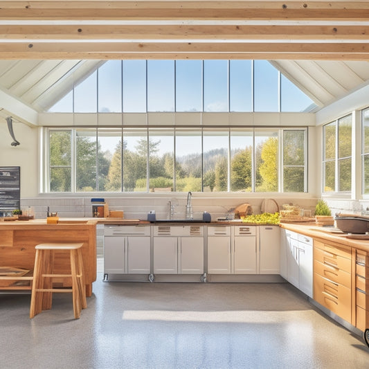 A bright, spacious garage with polished concrete floors, sleek white cabinets, and a large wooden workbench with built-in tool organizers, surrounded by natural light pouring in through large windows.