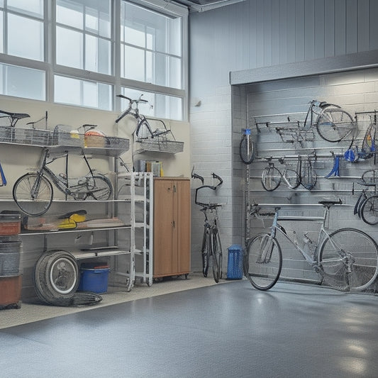 A tidy garage with sleek, silver Fleximounts racks mounted on the wall, holding various tools and storage bins, surrounded by a few bicycles and a sports car in the background.