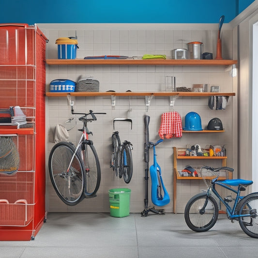 A tidy, compact garage with a pegboard on the back wall, holding a few tools and a bike helmet, and a small, three-tiered shelving unit against the side wall, with labeled bins and a single, folded lawn chair.