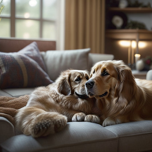 A warm, golden-lit living room with a cozy couch, a cat snuggled up beside a smiling elderly woman, and a loyal golden retriever resting its head on her lap.